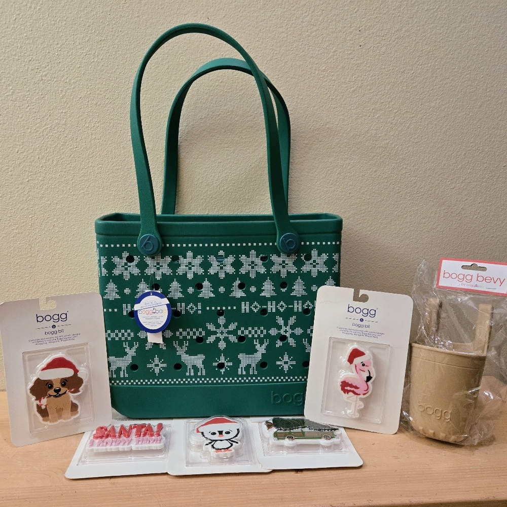 BABY Bogg Bag Christmas Sweater Tote & 6 Accessories..Bogg Bevy Bogg Bits